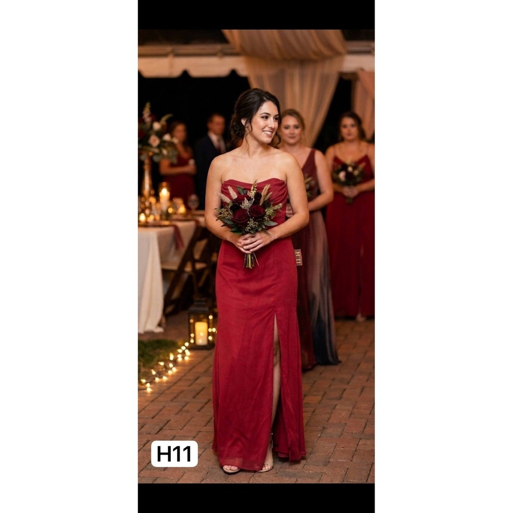 Birdy Grey Ruby Red Chiffon Strapless Cowl Neck High Slit Bridesmaid Dress XS